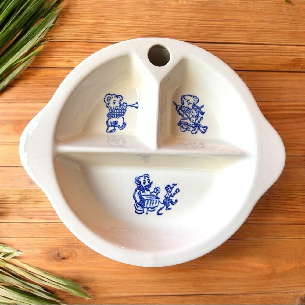Vintage 1940s EXCELLO Ceramic Warming Baby Dish Blue & White with Musical Bears
